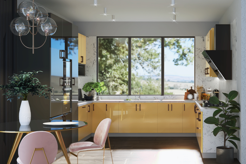 L-shaped kitchen with fluroescent orange and dove grey finish