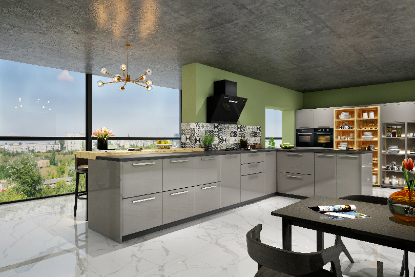L-shaped kitchen with fluroescent orange and dove grey finish