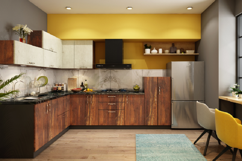 Compact straight kitchen with rusty orange finish