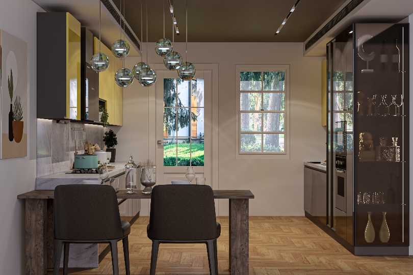 L-shaped kitchen with fluroescent orange and dove grey finish