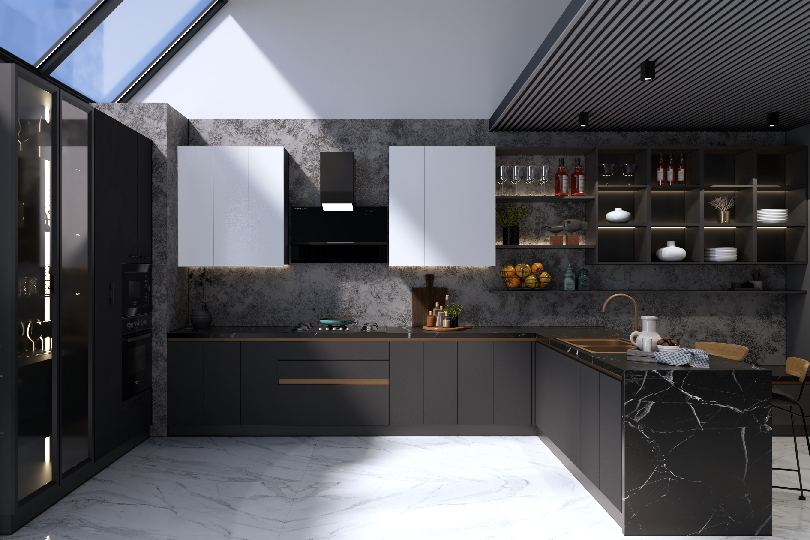 L-shaped kitchen with fluroescent orange and dove grey finish