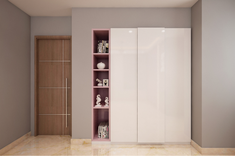 L-shaped kitchen with fluroescent orange and dove grey finish