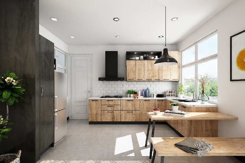 Compact straight kitchen with rusty orange finish