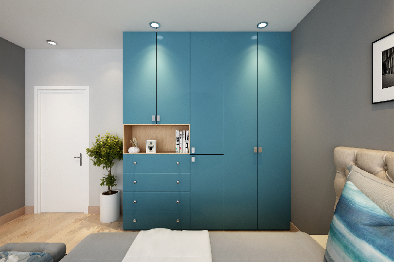 L-shaped kitchen with fluroescent orange and dove grey finish