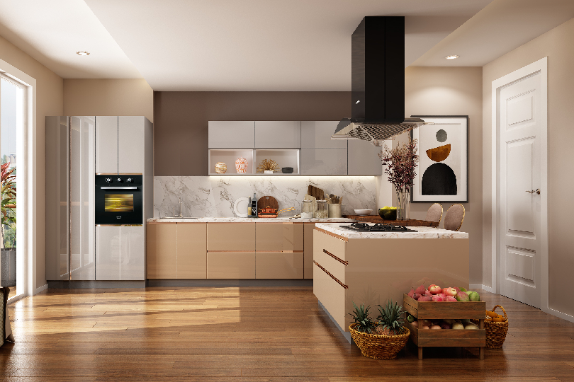 Compact straight kitchen with rusty orange finish