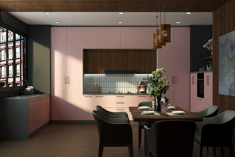 L-shaped kitchen with fluroescent orange and dove grey finish
