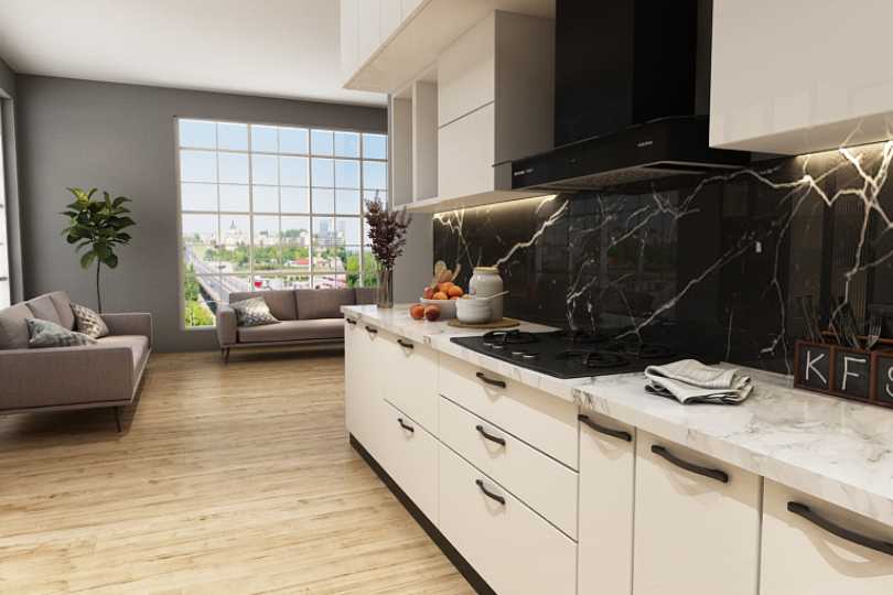 Compact straight kitchen with rusty orange finish