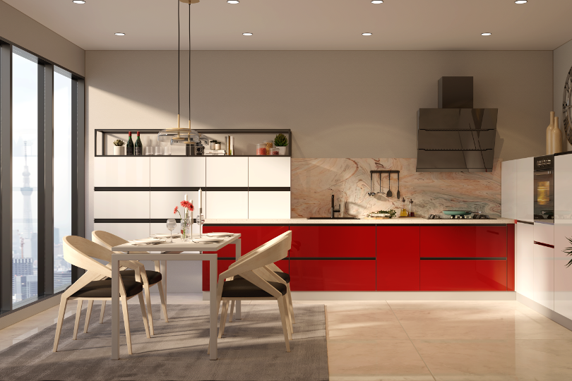 L-shaped kitchen with fluroescent orange and dove grey finish