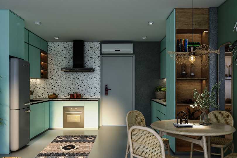 L-shaped kitchen with fluroescent orange and dove grey finish