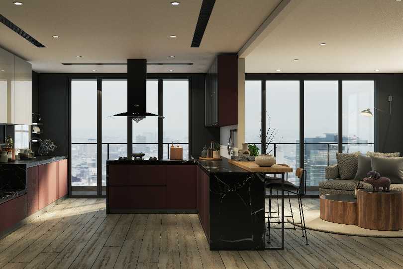 Compact straight kitchen with rusty orange finish