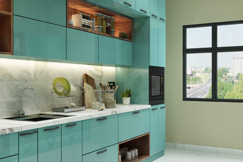 Compact straight kitchen with rusty orange finish
