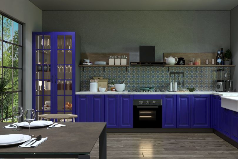 L-shaped kitchen with fluroescent orange and dove grey finish