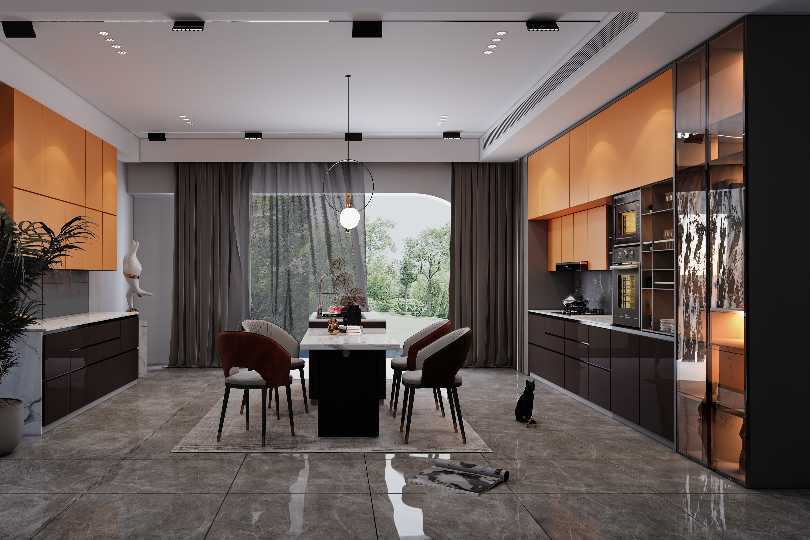 Compact straight kitchen with rusty orange finish