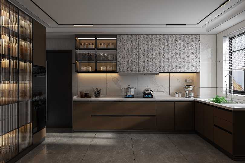 L-shaped kitchen with fluroescent orange and dove grey finish