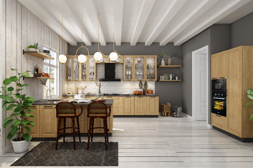 L-shaped kitchen with fluroescent orange and dove grey finish