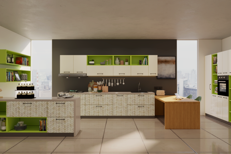 L-shaped kitchen with fluroescent orange and dove grey finish