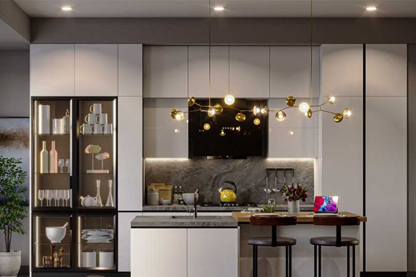 Compact straight kitchen with rusty orange finish