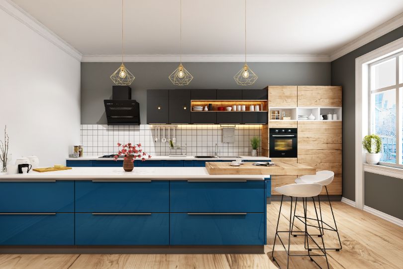 Compact straight kitchen with rusty orange finish
