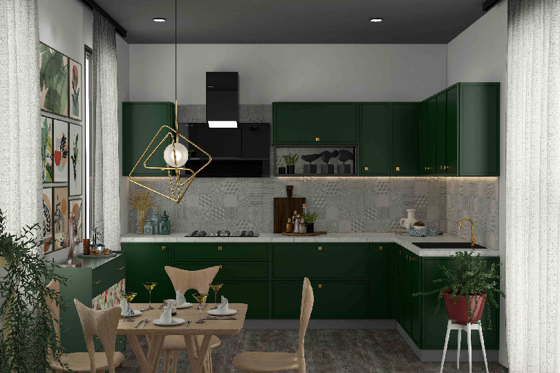 L-shaped kitchen with fluroescent orange and dove grey finish