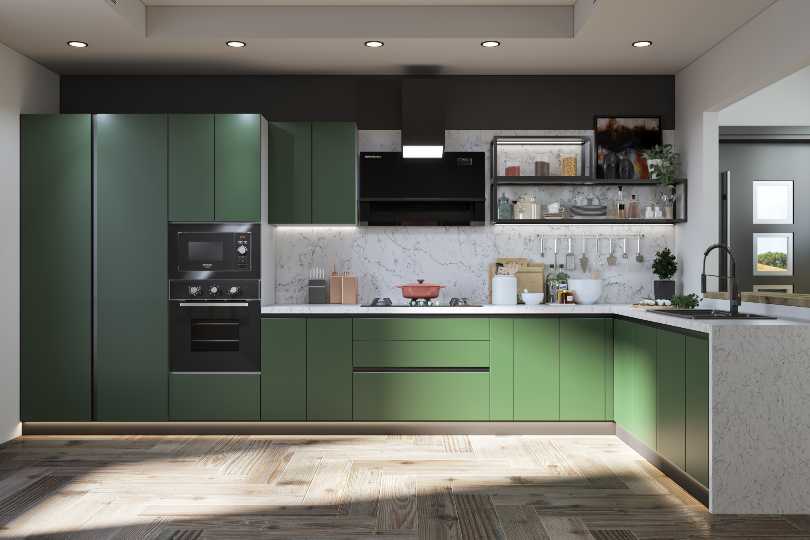 Compact straight kitchen with rusty orange finish