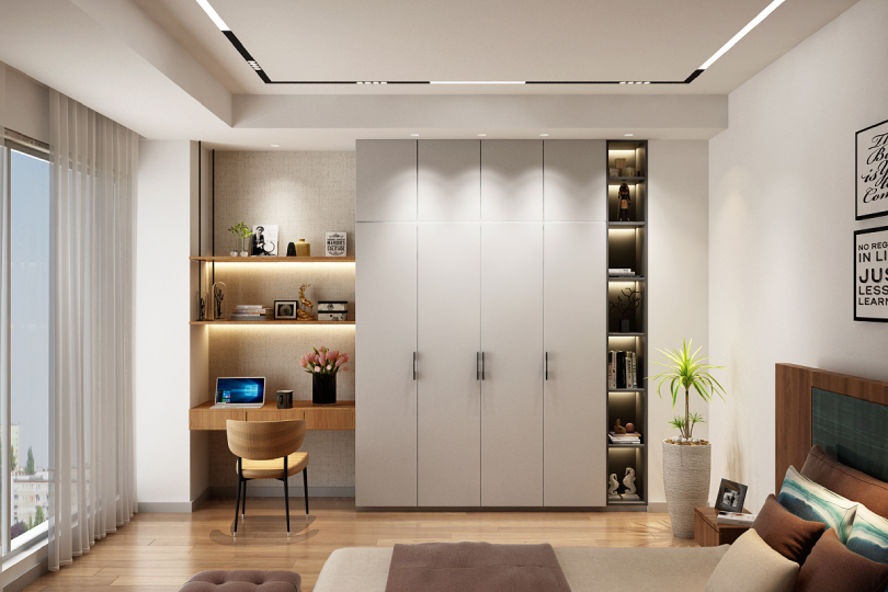 L-shaped kitchen with fluroescent orange and dove grey finish