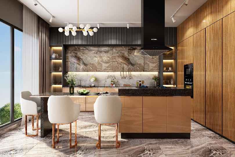 L-shaped kitchen with fluroescent orange and dove grey finish
