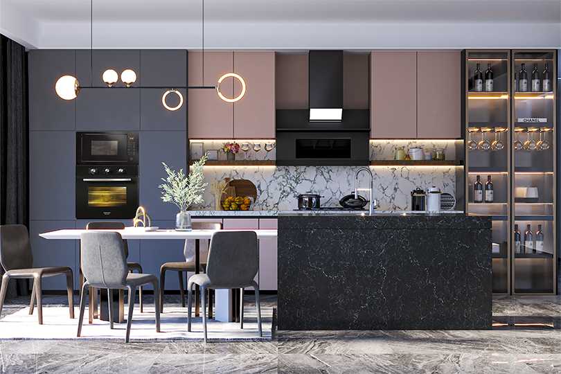 Compact straight kitchen with rusty orange finish