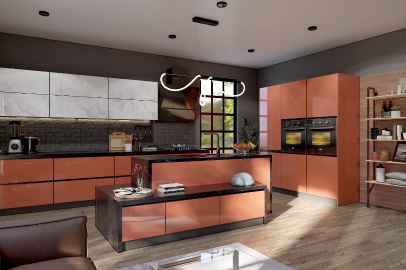L-shaped kitchen with fluroescent orange and dove grey finish