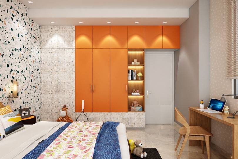Compact straight kitchen with rusty orange finish