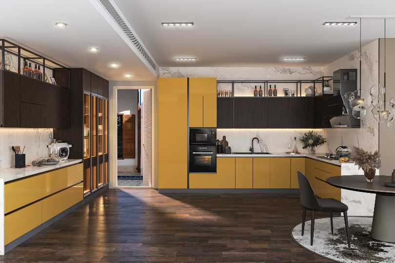 L-shaped kitchen with fluroescent orange and dove grey finish