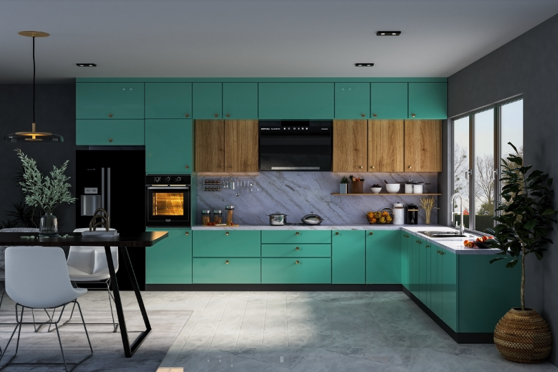 Compact straight kitchen with rusty orange finish