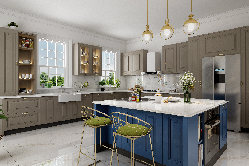 L-shaped kitchen with fluroescent orange and dove grey finish