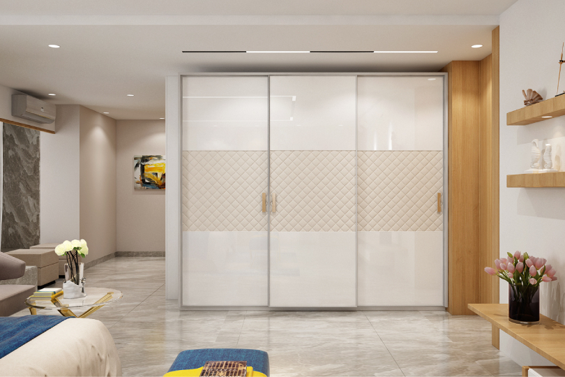 L-shaped kitchen with fluroescent orange and dove grey finish