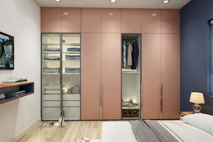 L-shaped kitchen with fluroescent orange and dove grey finish