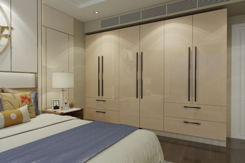 L-shaped kitchen with fluroescent orange and dove grey finish