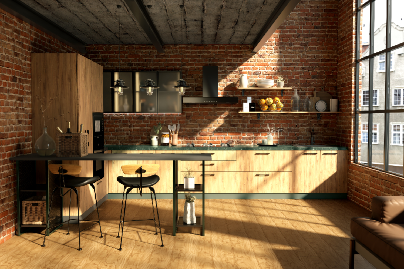 Compact straight kitchen with rusty orange finish