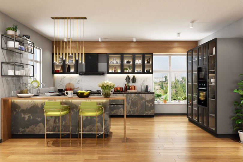 L-shaped kitchen with fluroescent orange and dove grey finish