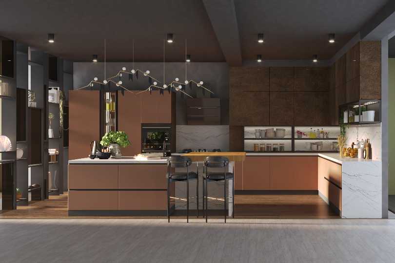 Compact straight kitchen with rusty orange finish