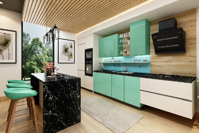 L-shaped kitchen with fluroescent orange and dove grey finish
