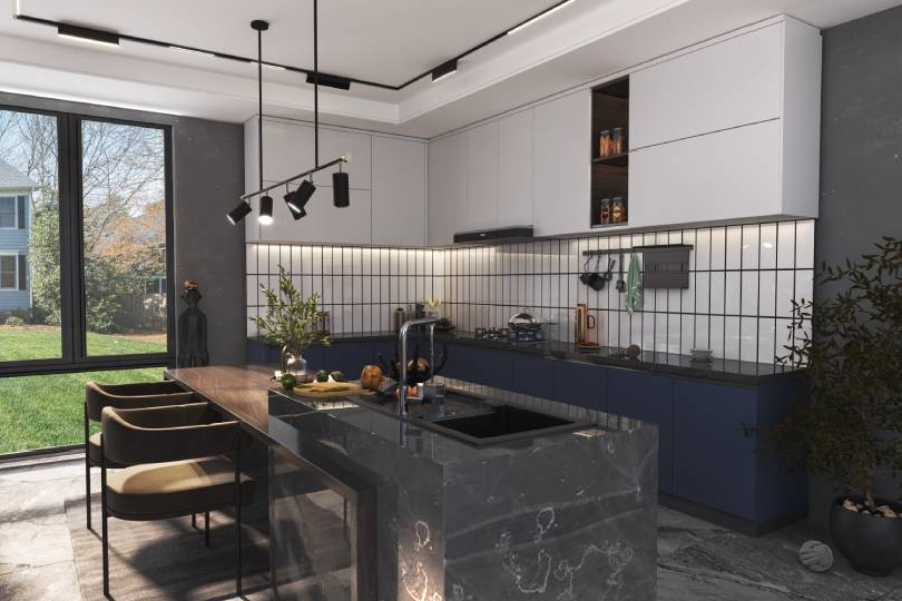 Compact straight kitchen with rusty orange finish