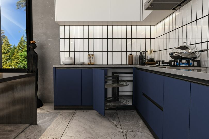 Compact straight kitchen with rusty orange finish