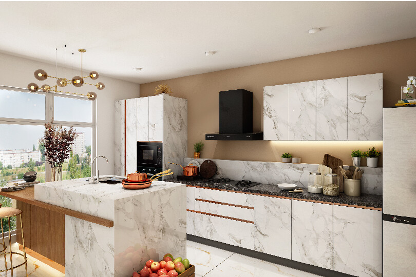 L-shaped kitchen with fluroescent orange and dove grey finish